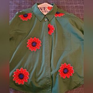 Jodifl Green Shirt with Red Floral Embroidery